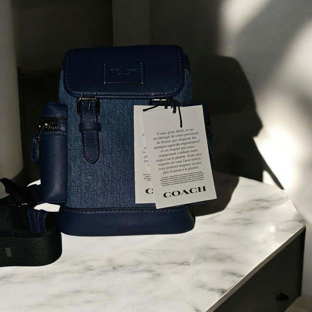 💙 COACH Denim & Leather Sprint Slim Backpack / Crossbody – Navy Blue